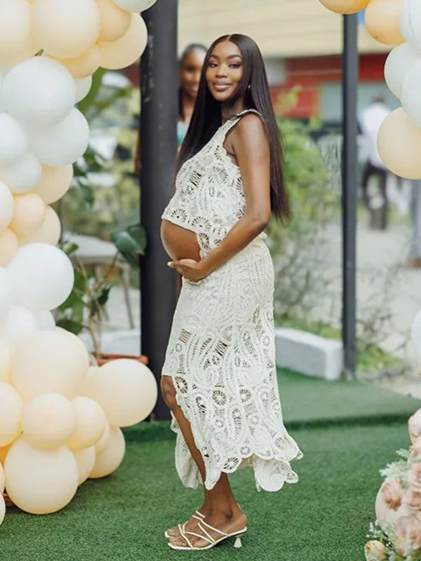Momnfancy White Lace Cut Out Crop Hollow Irregular Sheer 2-in-1 Cute Babyshower Maternity Maxi Dress