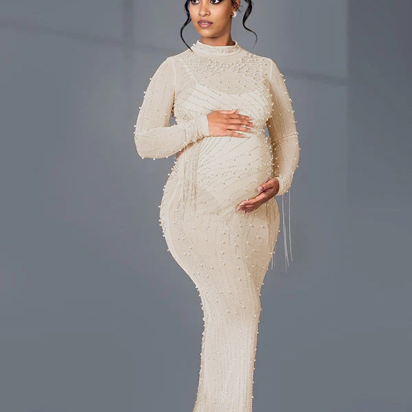 Momnfancy Apricot Mesh Rhinestone Tassel Bodycon Plus Size Photoshoot Maternity Maxi Dress