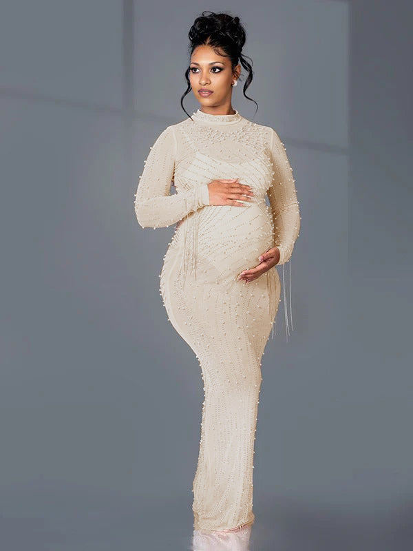 Momnfancy Apricot Mesh Rhinestone Tassel Bodycon Plus Size Photoshoot Maternity Maxi Dress