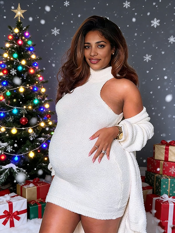 Momnfancy Christmas Two Piece Set High Neck Bodycon Fashion Daily Baby Shower Maternity Mini Sweater Dress