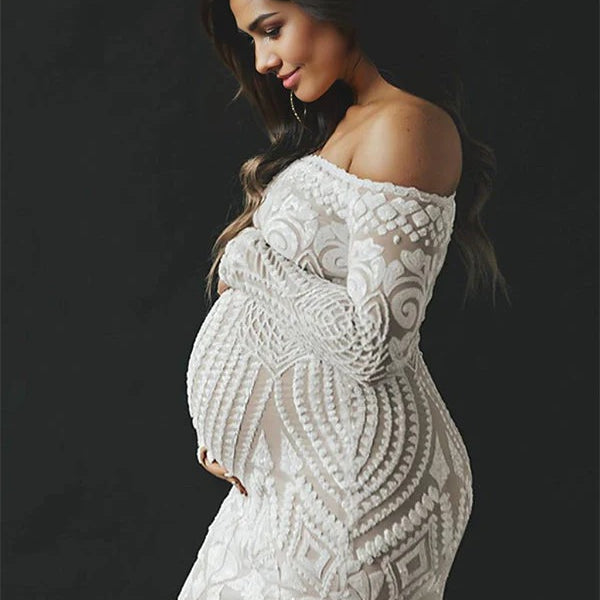 Momnfancy White Lace Off Shoulder Mermaid Bodycon Wedding Gown Elegant Formal Baby Shower Maternity Maxi Dress