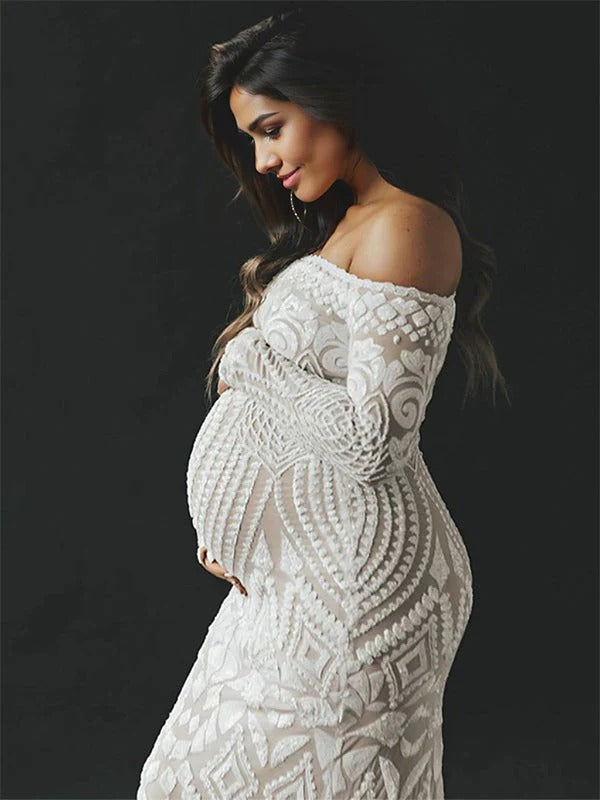 Momnfancy White Lace Off Shoulder Mermaid Bodycon Wedding Gown Elegant Formal Baby Shower Maternity Maxi Dress