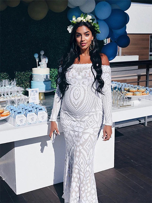 Momnfancy White Lace Off Shoulder Mermaid Bodycon Wedding Gown Elegant Formal Baby Shower Maternity Maxi Dress
