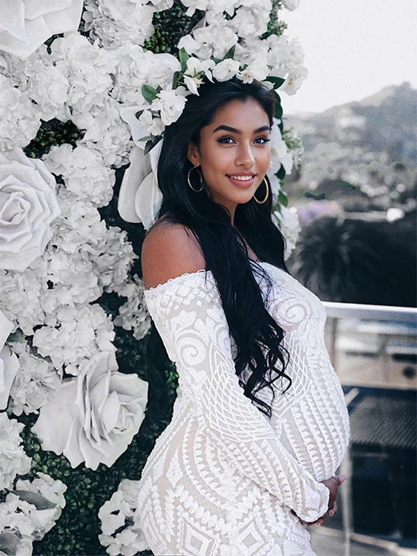 Momnfancy White Lace Off Shoulder Mermaid Bodycon Wedding Gown Elegant Formal Baby Shower Maternity Maxi Dress