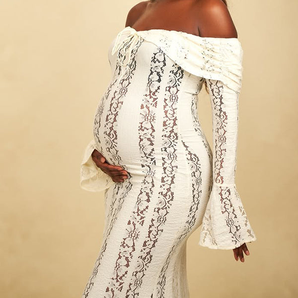 Momnfancy White Off Shoulder Lace Bandeau Tie Front Mermaid Bandage Going Out Photoshoot Maternity Maxi Dress