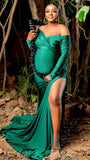 Momnfancy Green Off Shoulder Side Slit Banquet Photo Gown Photoshoot Maternity Evening Maxi Dress