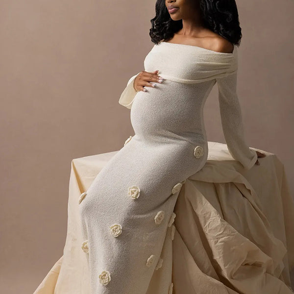 Momnfancy White Off Shoulder 3D Flowers Knitting SweaterLong Sleeve Bodycon Photoshoot Maternity Maxi Dress