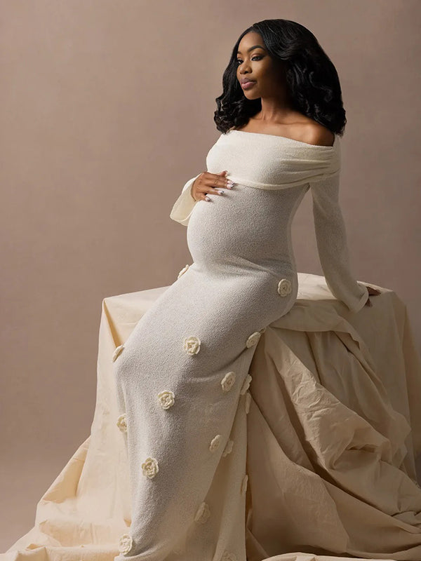 Momnfancy White Off Shoulder 3D Flowers Knitting SweaterLong Sleeve Bodycon Photoshoot Maternity Maxi Dress
