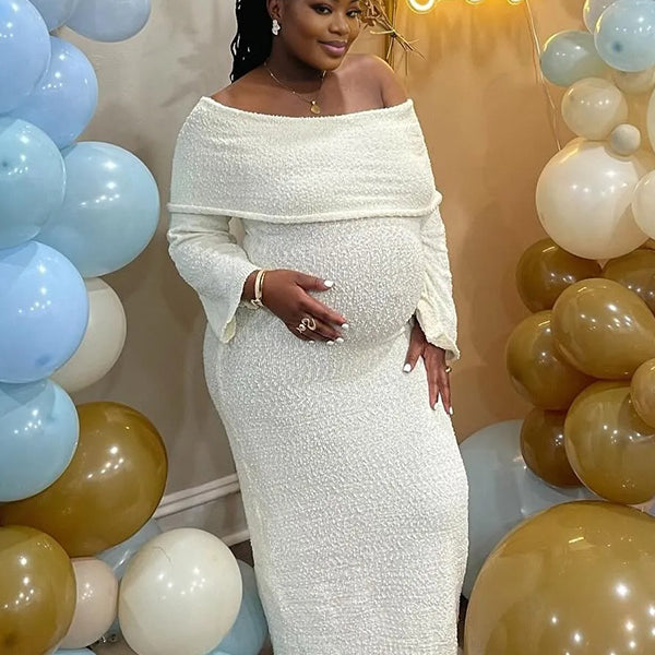Momnfancy Solid Color Off Shoulder Knitwear Bodycon Baby Shower Maternity Maxi Dress
