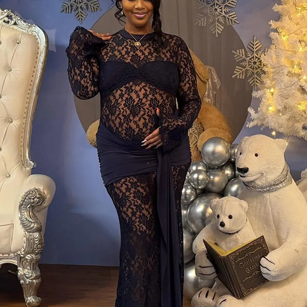 Momnfancy Black Lace Twist Draped Sheer Mermaid Ruche Bodycon Long Sleeve Party Baby Shower Maternity Maxi Dress