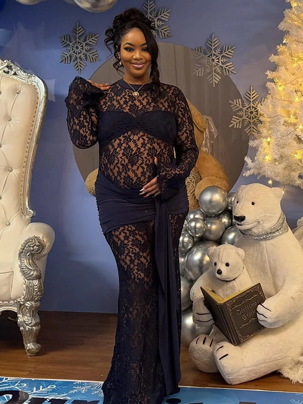 Momnfancy Black Lace Twist Draped Sheer Mermaid Ruche Bodycon Long Sleeve Party Baby Shower Maternity Maxi Dress