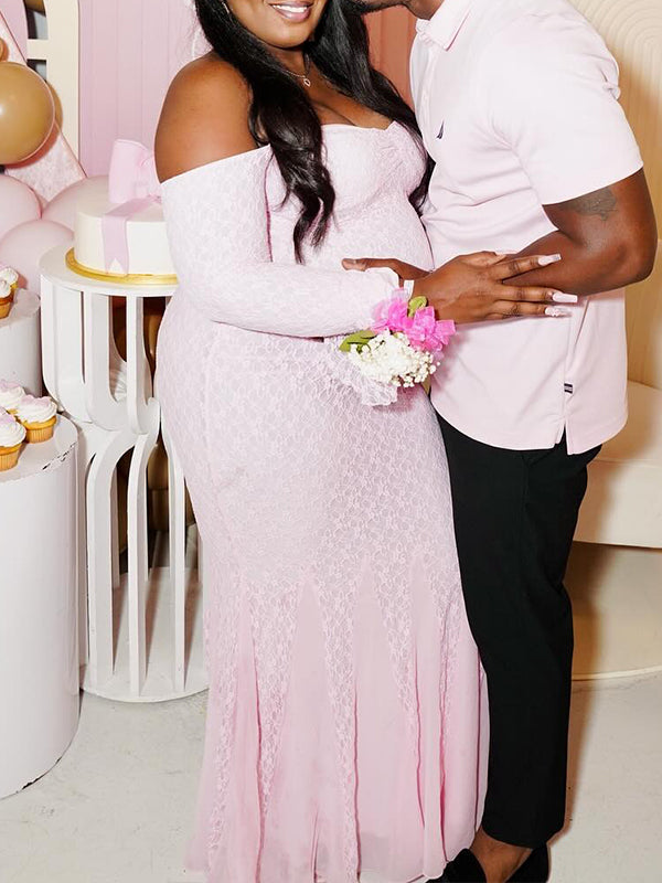 Momnfancy Pink Off Shoulder Bodycon Flare Long Sleeve Lace Mermaid Maternity Maxi Dress
