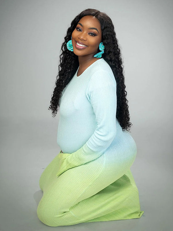 Momnfancy Light Blue Hit Color Flare Sleeve Mermaid Elegant Photoshoot Baby Shower Maternity Maxi Sweater Dress