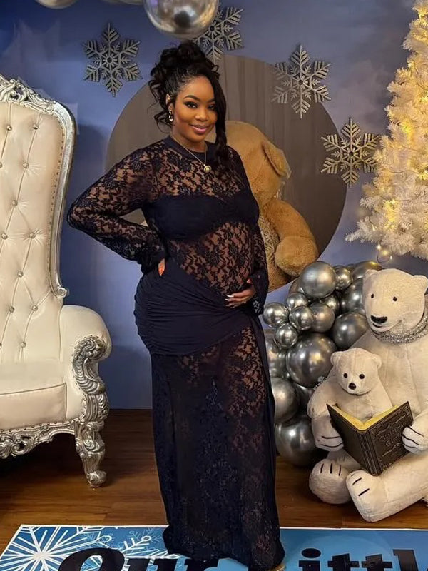 Momnfancy Black Lace Twist Draped Sheer Mermaid Ruche Bodycon Long Sleeve Party Baby Shower Maternity Maxi Dress
