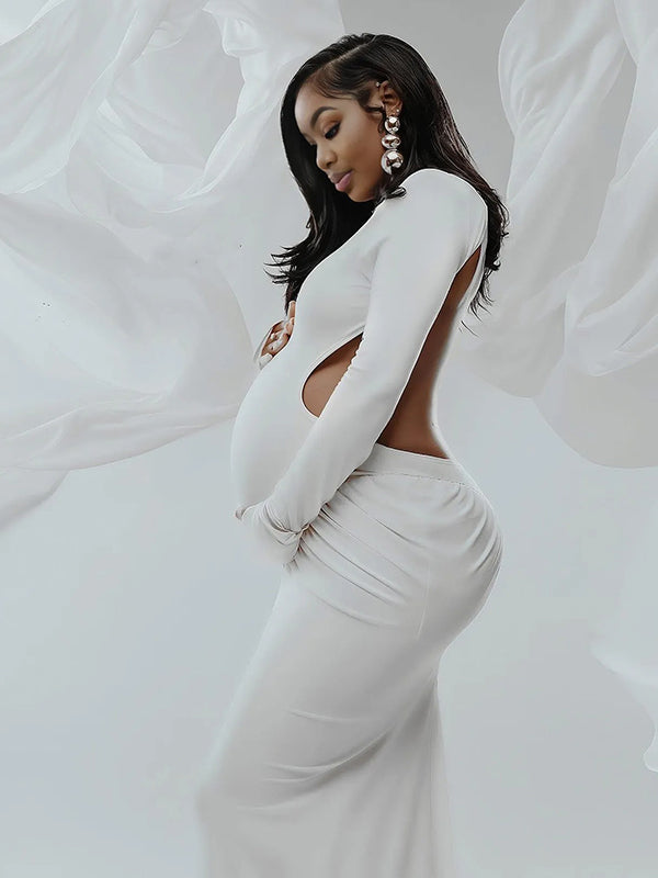 Momnfancy Ruched Cut Out Backless Long Sleeve Cut Out Mermaid Elegant Photoshoot Maternity Maxi Dress