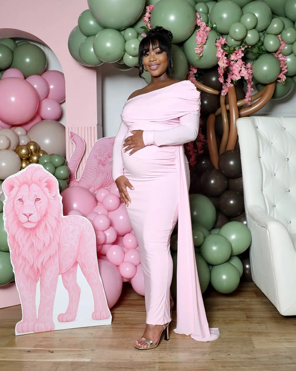 Momnfancy Oblique Shoulder Ruched Ribbon Bodycon Evening Gowns Maternity Maxi Dress