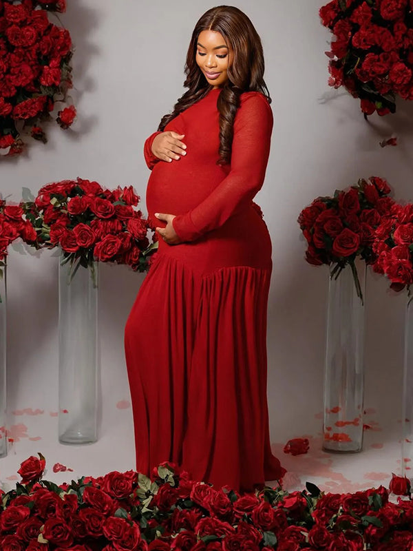 Momnfancy Red Ruched Long Sleeve Bodycon Christmas Photoshoot Maternity Maxi Dress