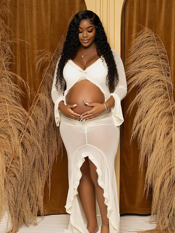 Momnfancy Mesh Ruffle Cut Out Crop Irregular Split Sheer Photoshoot Maternity Maxi Dress