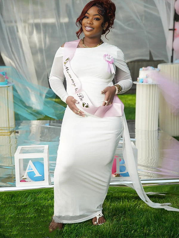 Momnfancy White Mesh Irregular Ruched Draped Off Shoulder Bodycon Baby Shower Maternity Maxi Dress