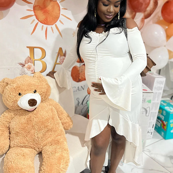 Momnfancy Beige Off Shoulder Ruffle Ruched Slit Bodycon Mermaid Irregular Long Sleeve Baby Shower Maternity Maxi Dress