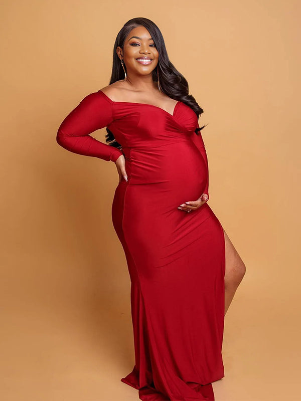 Momnfancy Off Shoulder High Split V-Neck Bodycon Satin Mermaid Evening Gowns Maternity Maxi Dress