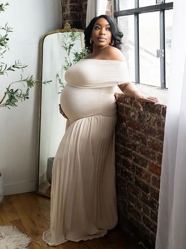 Momnfancy Apricot Off Shoulder Ruched Pleated Photoshoot Maternity Maxi Dress