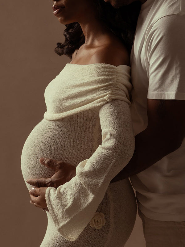 Momnfancy White Off Shoulder 3D Flowers Knitting SweaterLong Sleeve Bodycon Photoshoot Maternity Maxi Dress