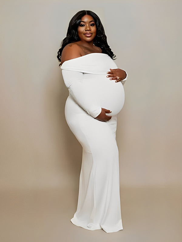 Momnfancy White Off Shoulder Backless Cut Out Bodycon Mermaid Party Long Sleeve Photoshoot Maternity Maxi Dress