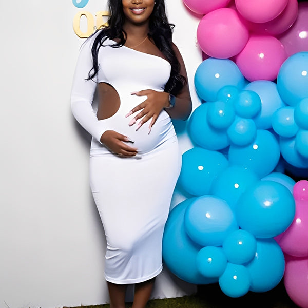 Momnfancy One Shoulder Cut Out Irregular Bodycon Long Sleeve Baby Shower Party Maternity Maxi Dress