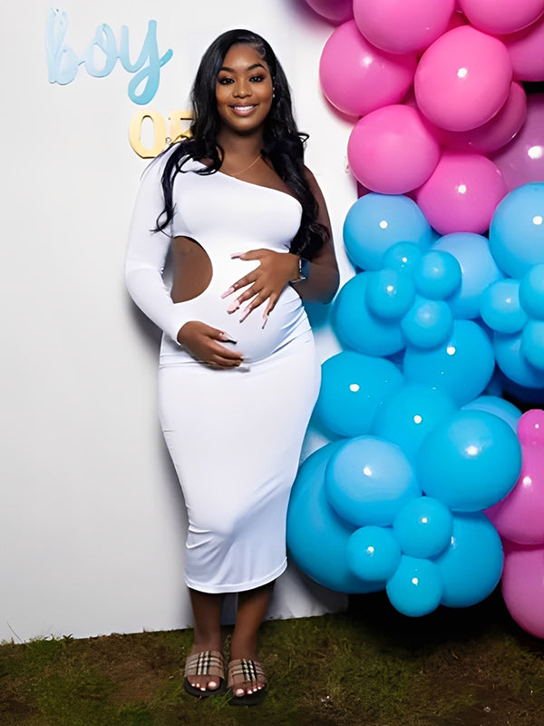 Momnfancy One Shoulder Cut Out Irregular Bodycon Long Sleeve Baby Shower Party Maternity Maxi Dress