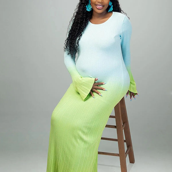 Momnfancy Light Blue Hit Color Flare Sleeve Mermaid Elegant Photoshoot Baby Shower Maternity Maxi Sweater Dress