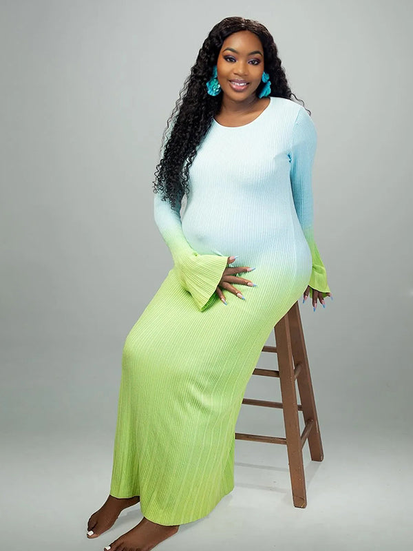 Momnfancy Light Blue Hit Color Flare Sleeve Mermaid Elegant Photoshoot Baby Shower Maternity Maxi Sweater Dress