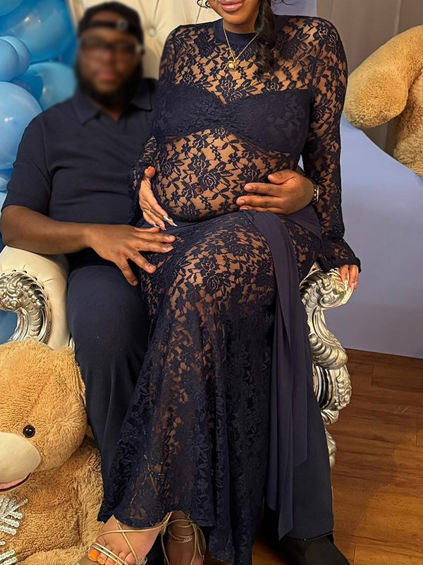 Momnfancy Black Lace Twist Draped Sheer Mermaid Ruche Bodycon Long Sleeve Party Baby Shower Maternity Maxi Dress