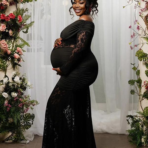 Momnfancy Off Shoulder Lace Ruched Long Sleeve Backless Bodycon Mermaid Evening Gown Photoshoot Maternity Maxi Dress