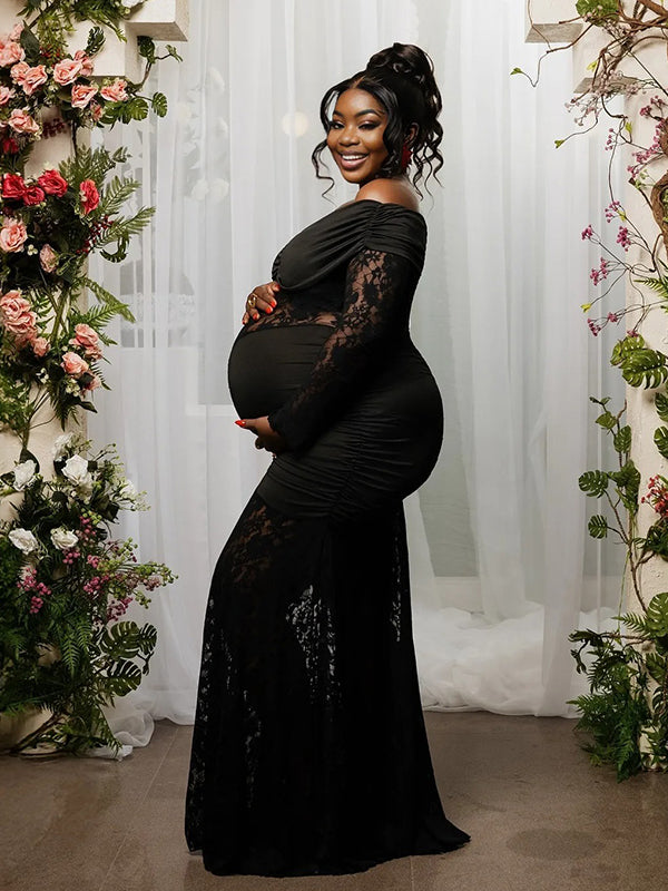 Momnfancy Off Shoulder Lace Ruched Long Sleeve Backless Bodycon Mermaid Evening Gown Photoshoot Maternity Maxi Dress