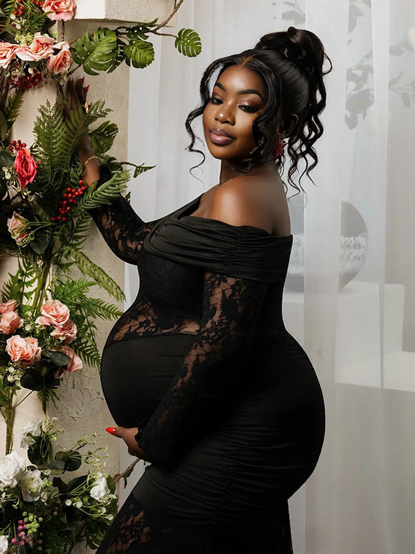Momnfancy Off Shoulder Lace Ruched Long Sleeve Backless Bodycon Mermaid Evening Gown Photoshoot Maternity Maxi Dress