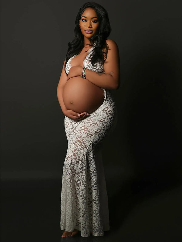 Momnfancy White Lace Cut Out Backless Mermaid Sheer Elegant Photoshoot Maternity Maxi Dress