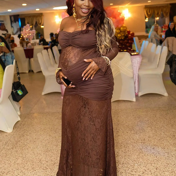 Momnfancy Brown Off Shoulder Lace Ruched Mermaid Bodycon Long Sleeve Baby Shower Maternity Maxi Dress