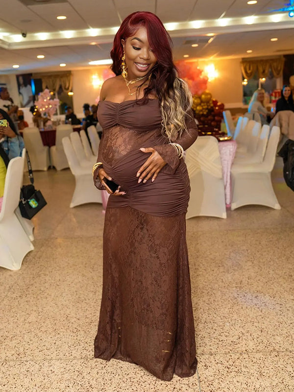 Momnfancy Brown Off Shoulder Lace Ruched Mermaid Bodycon Long Sleeve Baby Shower Maternity Maxi Dress