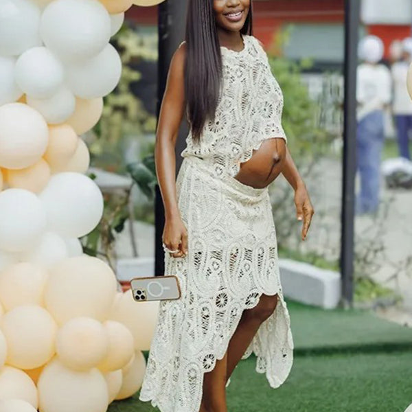 Momnfancy White Lace Cut Out Crop Hollow Irregular Sheer 2-in-1 Cute Babyshower Maternity Maxi Dress