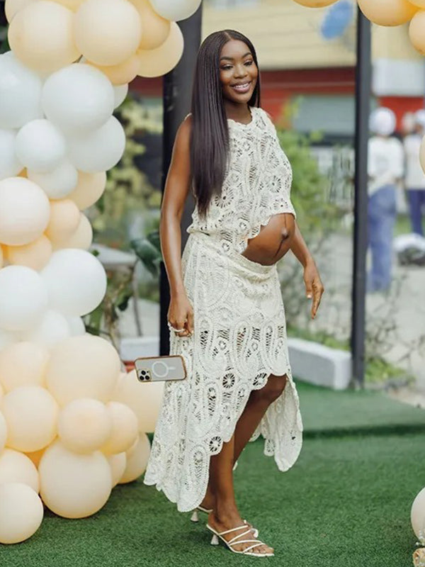 Momnfancy White Lace Cut Out Crop Hollow Irregular Sheer 2-in-1 Cute Babyshower Maternity Maxi Dress