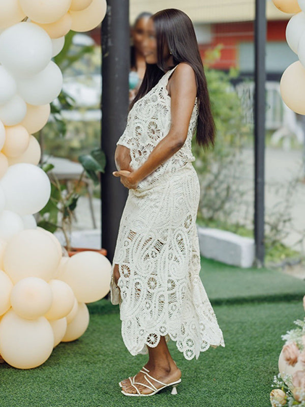 Momnfancy White Lace Cut Out Crop Hollow Irregular Sheer 2-in-1 Cute Babyshower Maternity Maxi Dress