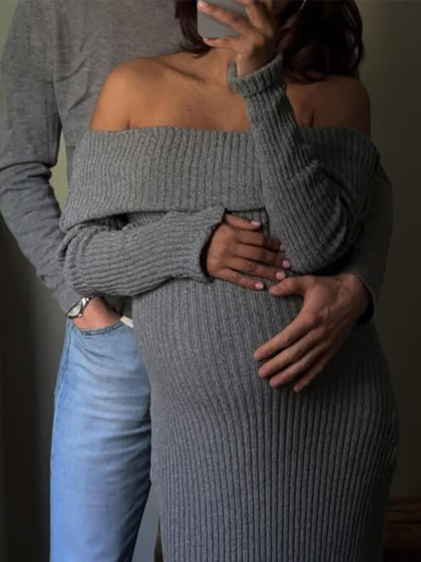 Momnfancy Off Shoulder Solid Color Mermaid Bodycon Elegant Photoshoot Maternity Maxi Sweater Dress