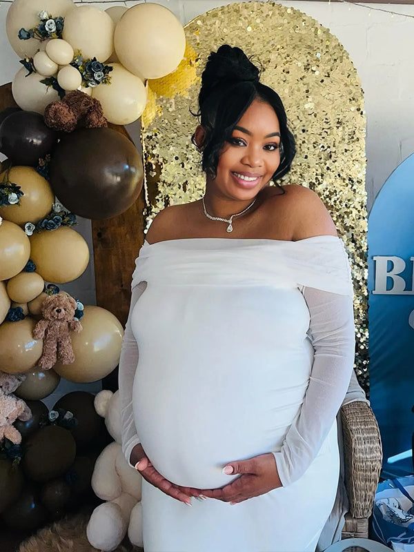 Momnfancy Boat Neck Mermaid Solid Color Bodycon Baby Shower Maternity Maxi Dress