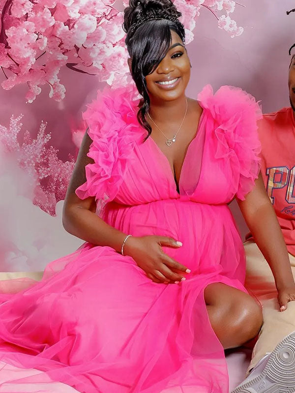 Momnfancy Plus Size Tulle Ruffle V-Neck Evening Gown Photoshoot Maternity Maxi Dress