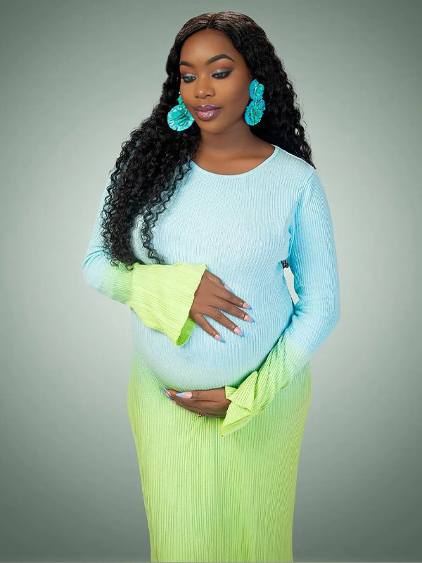 Momnfancy Light Blue Hit Color Flare Sleeve Mermaid Elegant Photoshoot Baby Shower Maternity Maxi Sweater Dress