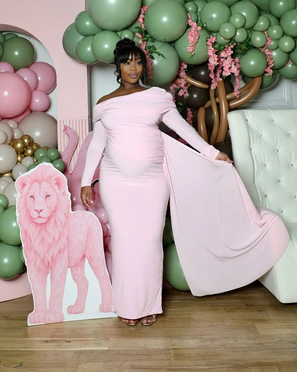 Momnfancy Oblique Shoulder Ruched Ribbon Bodycon Evening Gowns Maternity Maxi Dress