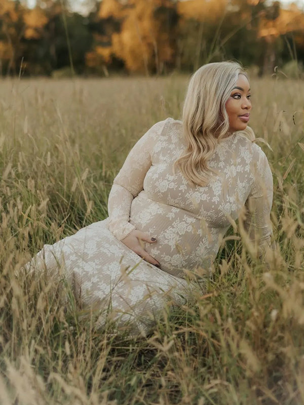 Momnfancy White Lace Ruffle Mermaid Long Sleeve Bodycon Elegant Boho Photoshoot Maternity Maxi Dress