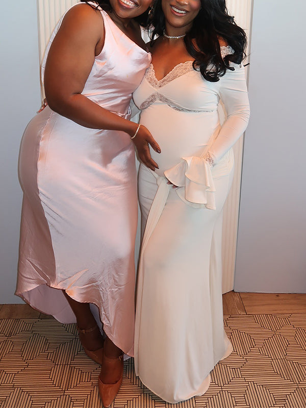 Momnfancy White Lace Splicing Ruched Lace-up Bodycon Mermaid Party Gown Baby Shower Maternity Maxi Dress