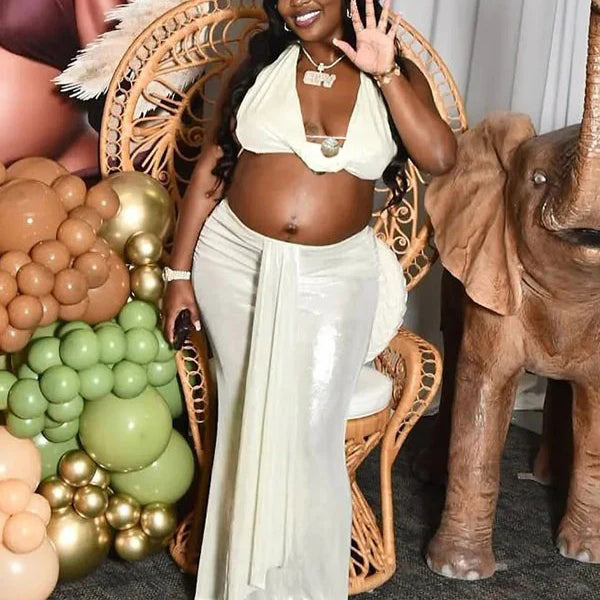 Momnfancy Halter Neck Crop Bodycon Draped Baby Shower Maternity Maxi Dresses